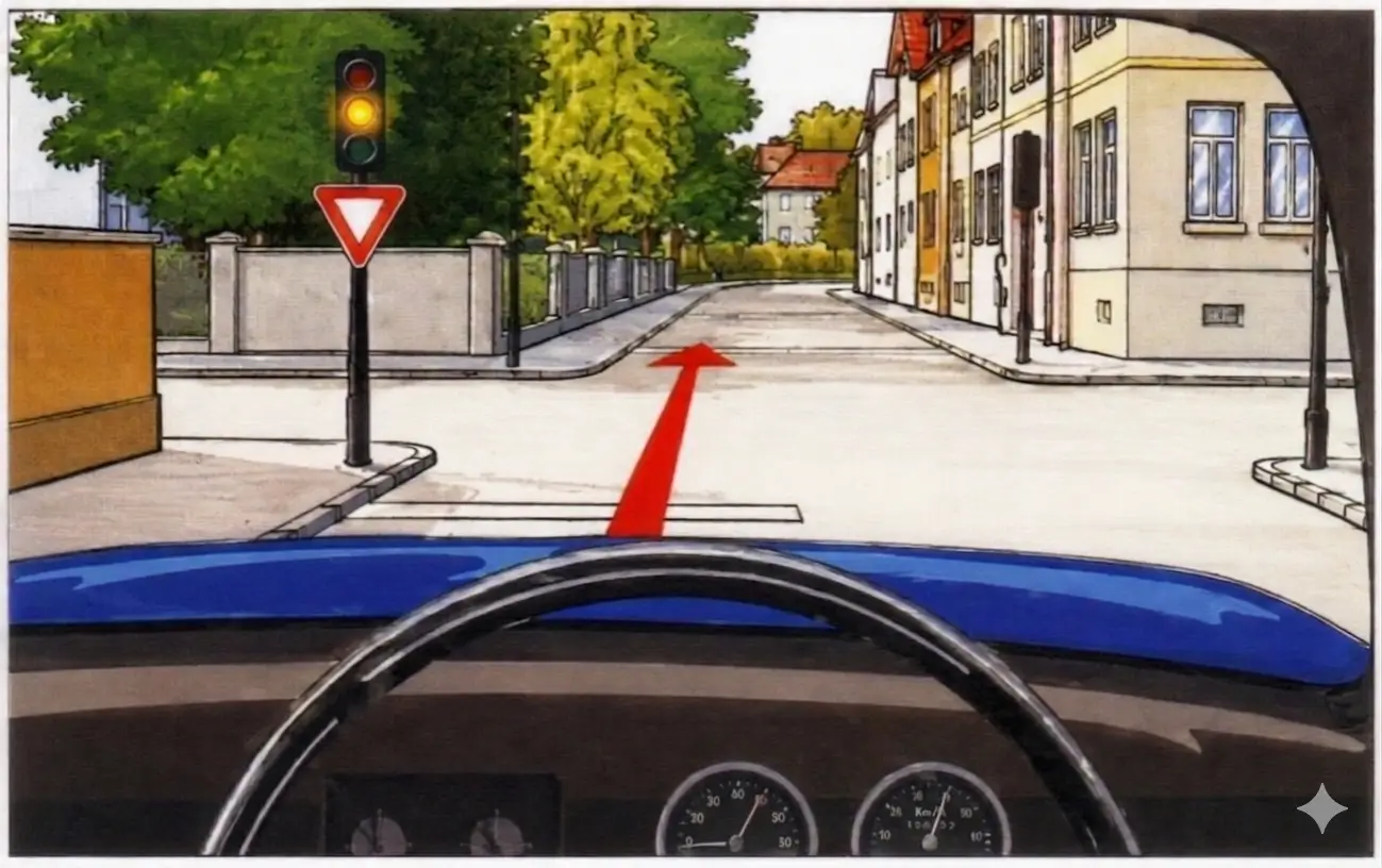 Driver's view at a junction with flashing amber traffic light and a yield sign